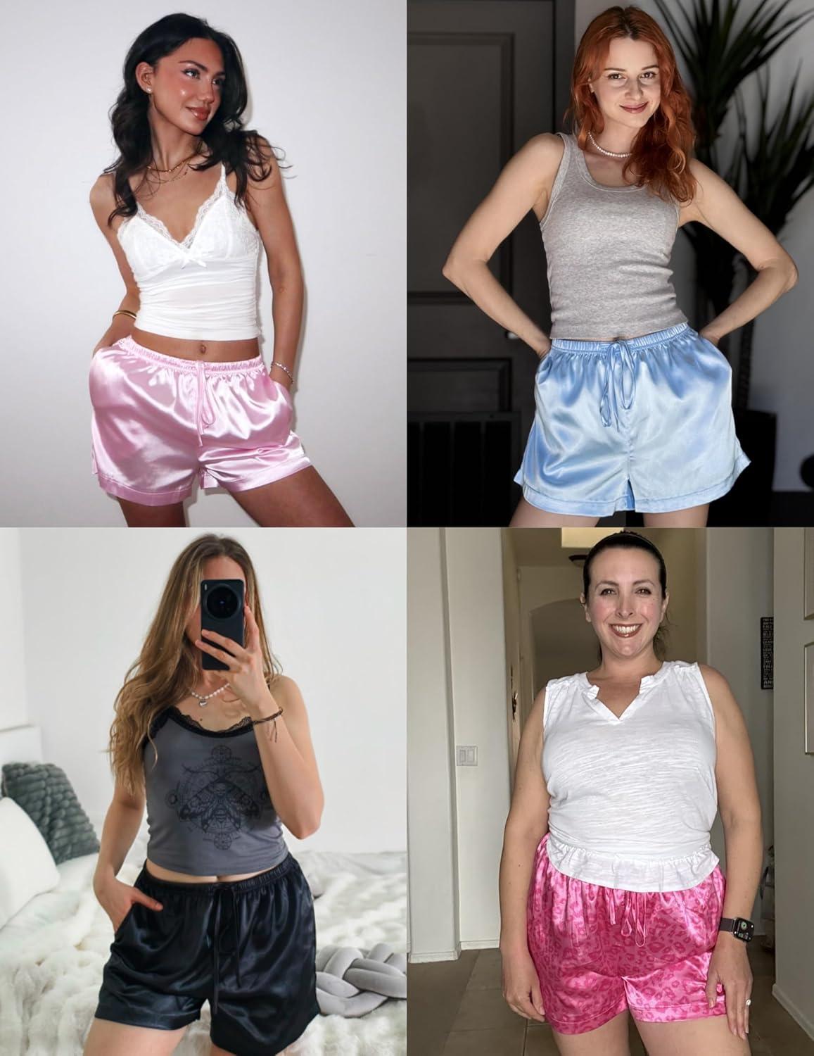 imageEkouaer Womens Silk Satin Pajama Short 2026 Summer Casual Sleep Shorts Lounge Sleep Pj Short with Pockets Soft Lounge ShortsBlack