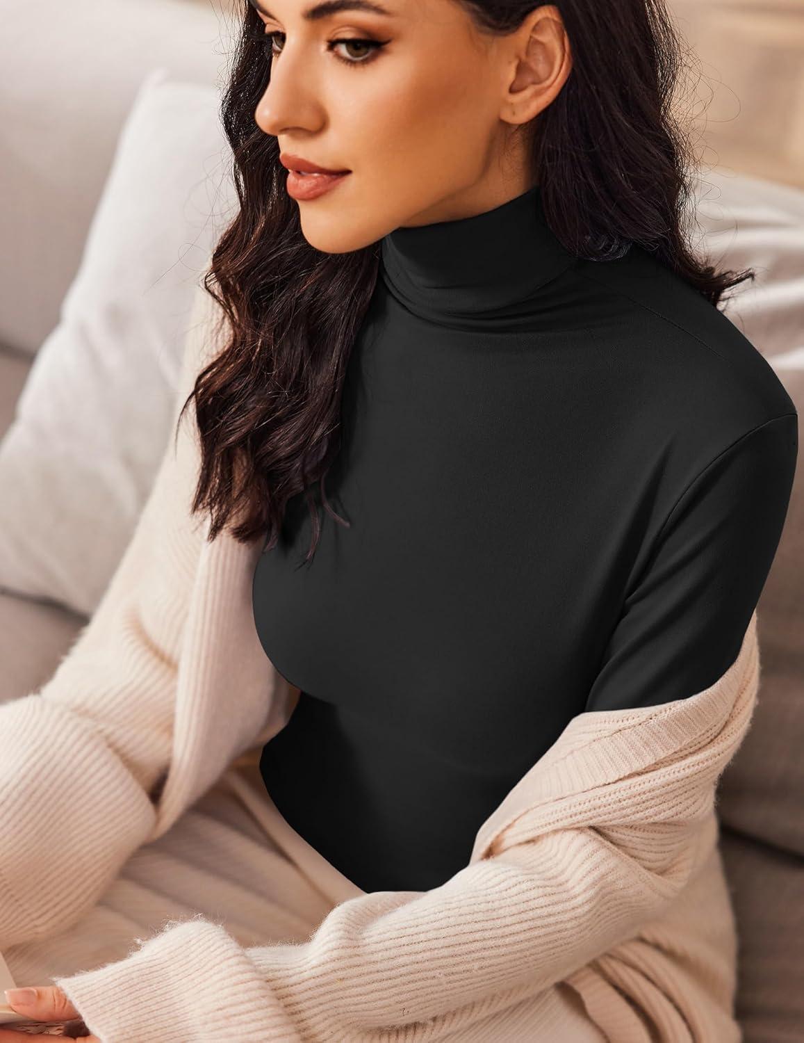 imageEkouaer Womens Turtleneck Long Sleeve Shirts Slim Fit Thermal Underwear Tops Lightweight Pullover TeesBlack