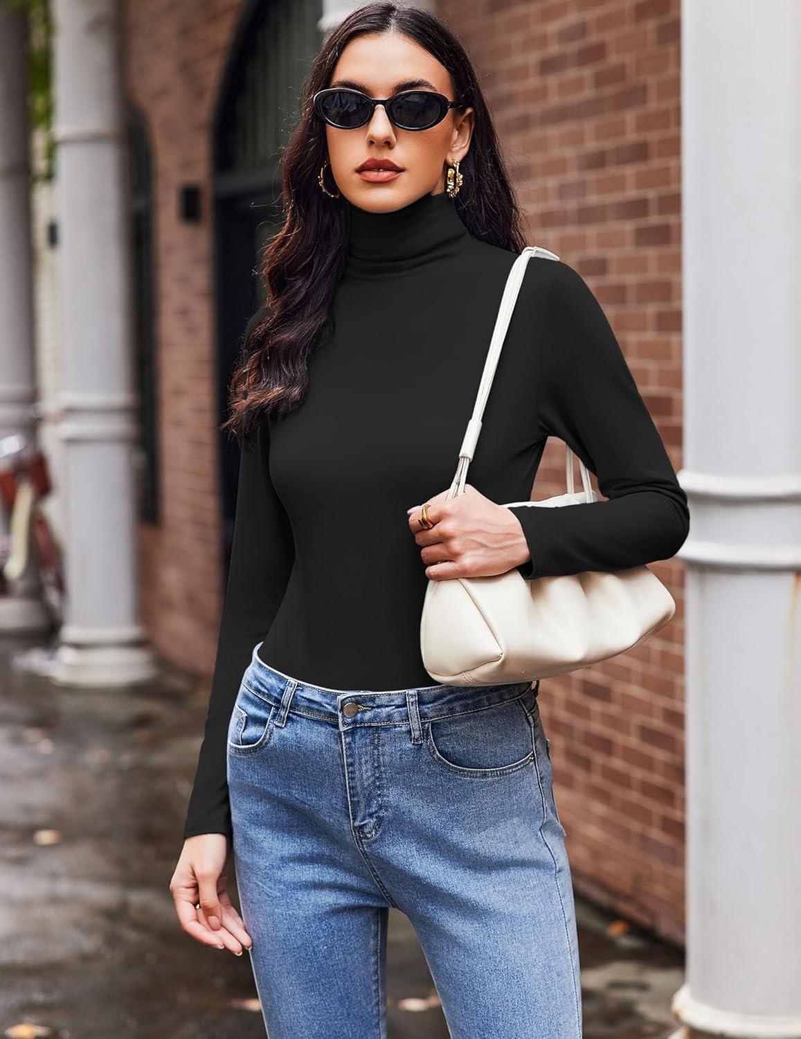imageEkouaer Womens Turtleneck Long Sleeve Shirts Slim Fit Thermal Underwear Tops Lightweight Pullover TeesBlackWhite