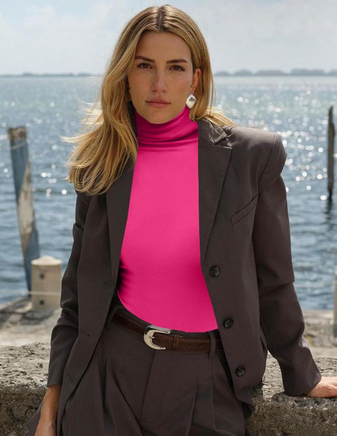 imageEkouaer Womens Turtleneck Long Sleeve Shirts Slim Fit Thermal Underwear Tops Lightweight Pullover TeesHot Pink