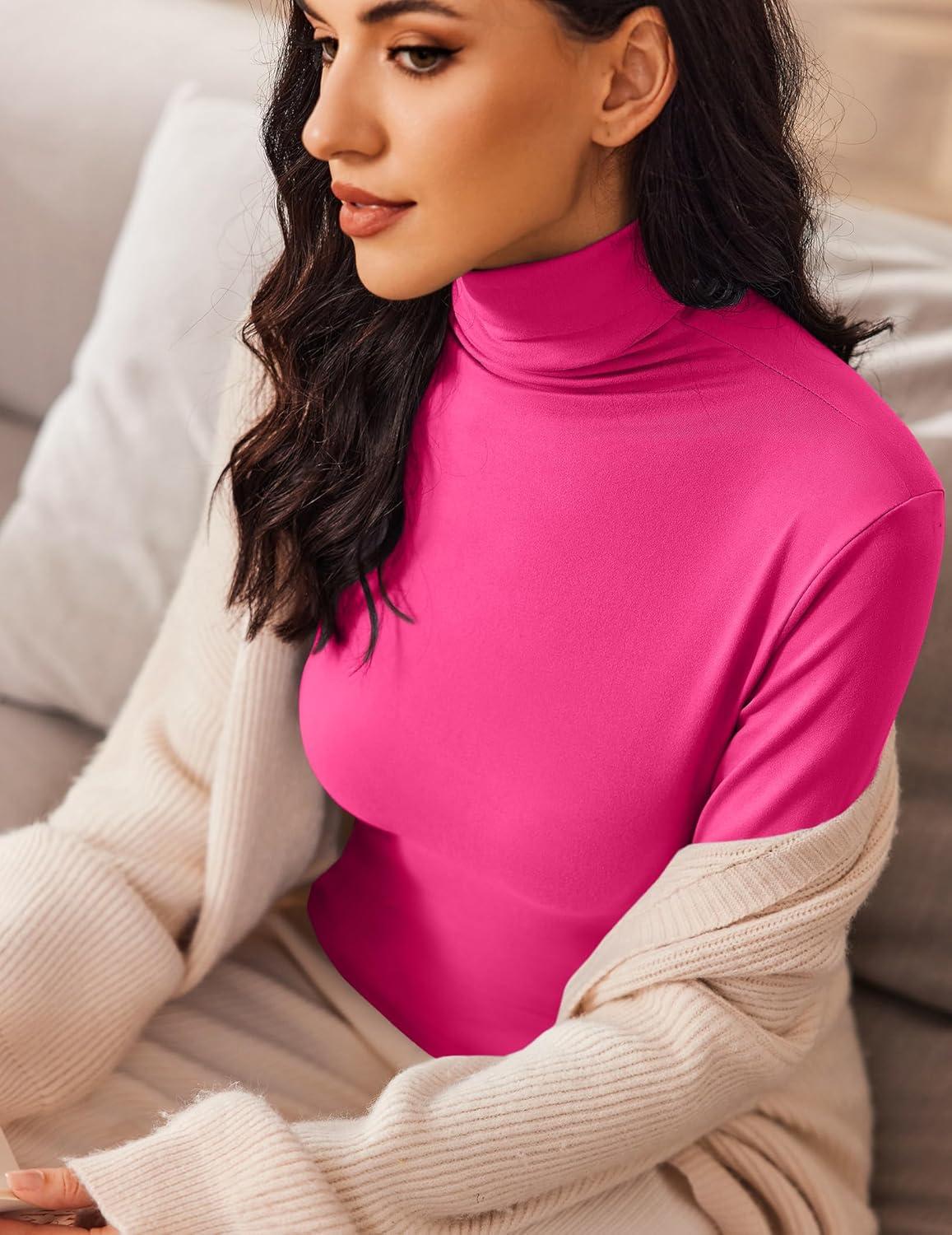 imageEkouaer Womens Turtleneck Long Sleeve Shirts Slim Fit Thermal Underwear Tops Lightweight Pullover TeesHot Pink