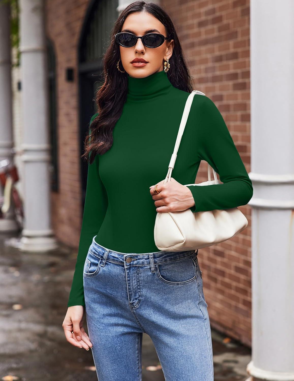 imageEkouaer Womens Turtleneck Long Sleeve Shirts Slim Fit Thermal Underwear Tops Lightweight Pullover TeesLight Green