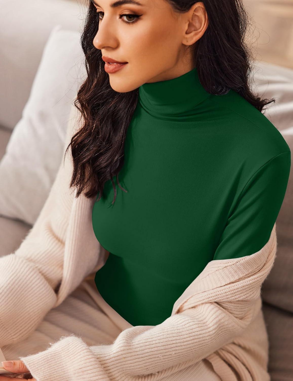 imageEkouaer Womens Turtleneck Long Sleeve Shirts Slim Fit Thermal Underwear Tops Lightweight Pullover TeesLight Green