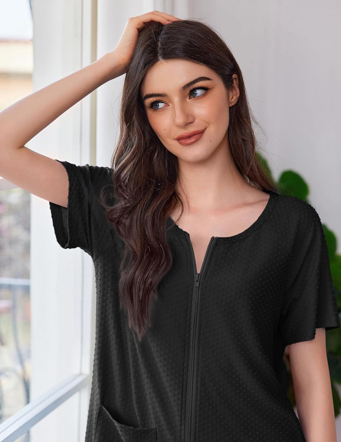 imageEkouaer Womens Zipper Robe Short Sleeves Swiss Dots Housecoat Zip Up Bathrobe Soft Nightgown with Pockets S3XLBlack