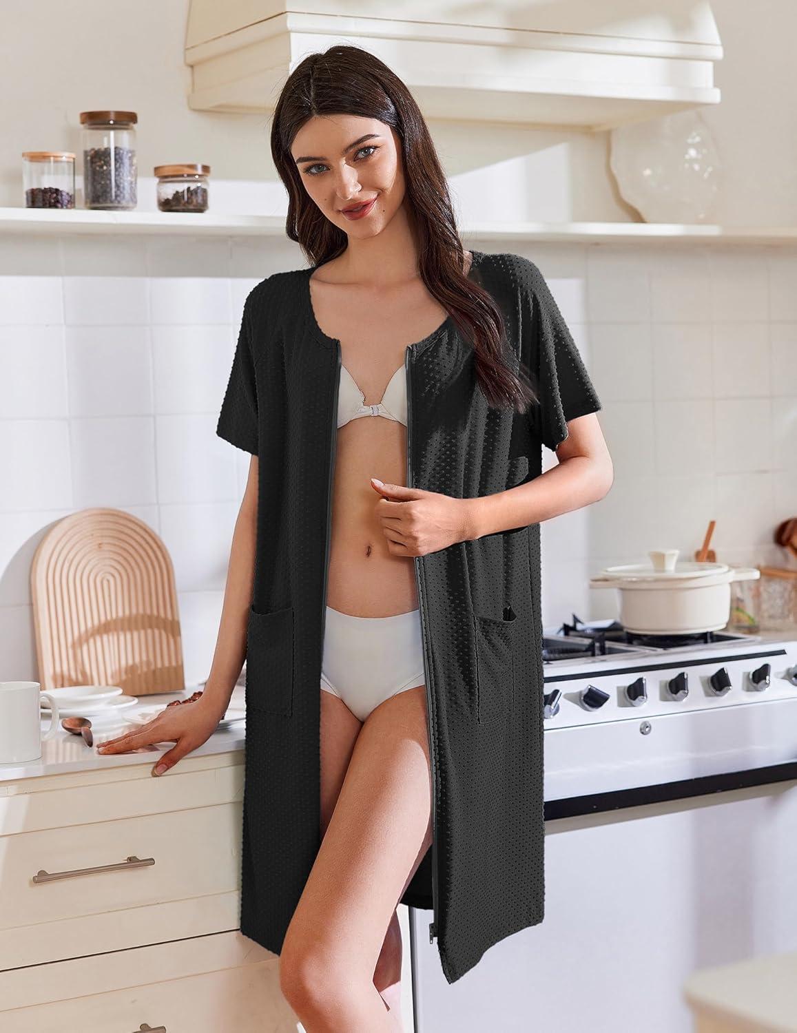 imageEkouaer Womens Zipper Robe Short Sleeves Swiss Dots Housecoat Zip Up Bathrobe Soft Nightgown with Pockets S3XLBlack