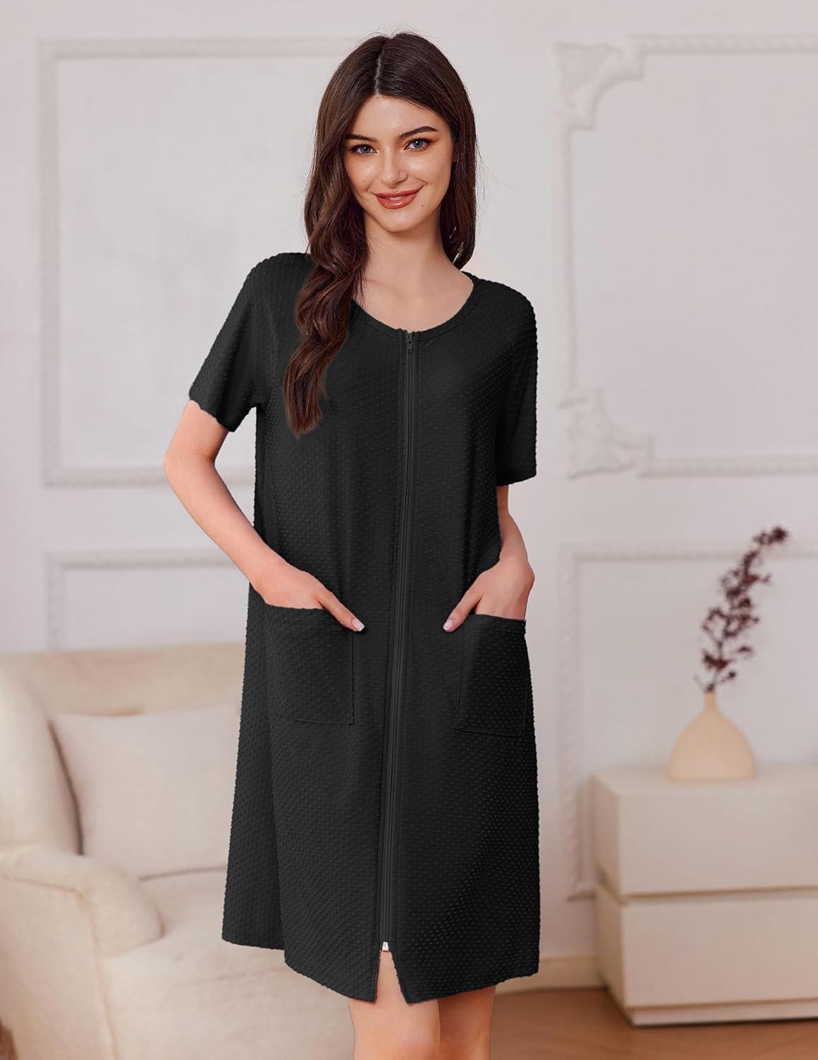 imageEkouaer Womens Zipper Robe Short Sleeves Swiss Dots Housecoat Zip Up Bathrobe Soft Nightgown with Pockets S3XLBlack