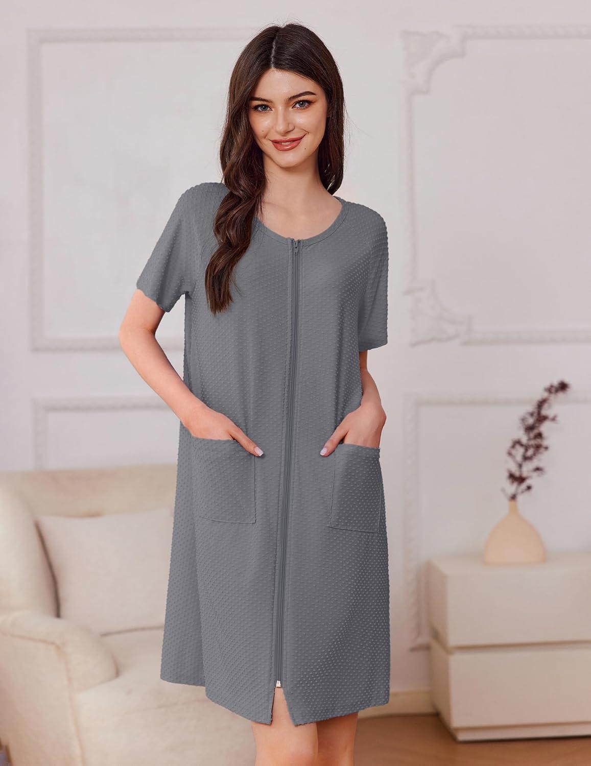 imageEkouaer Womens Zipper Robe Short Sleeves Swiss Dots Housecoat Zip Up Bathrobe Soft Nightgown with Pockets S3XLGray