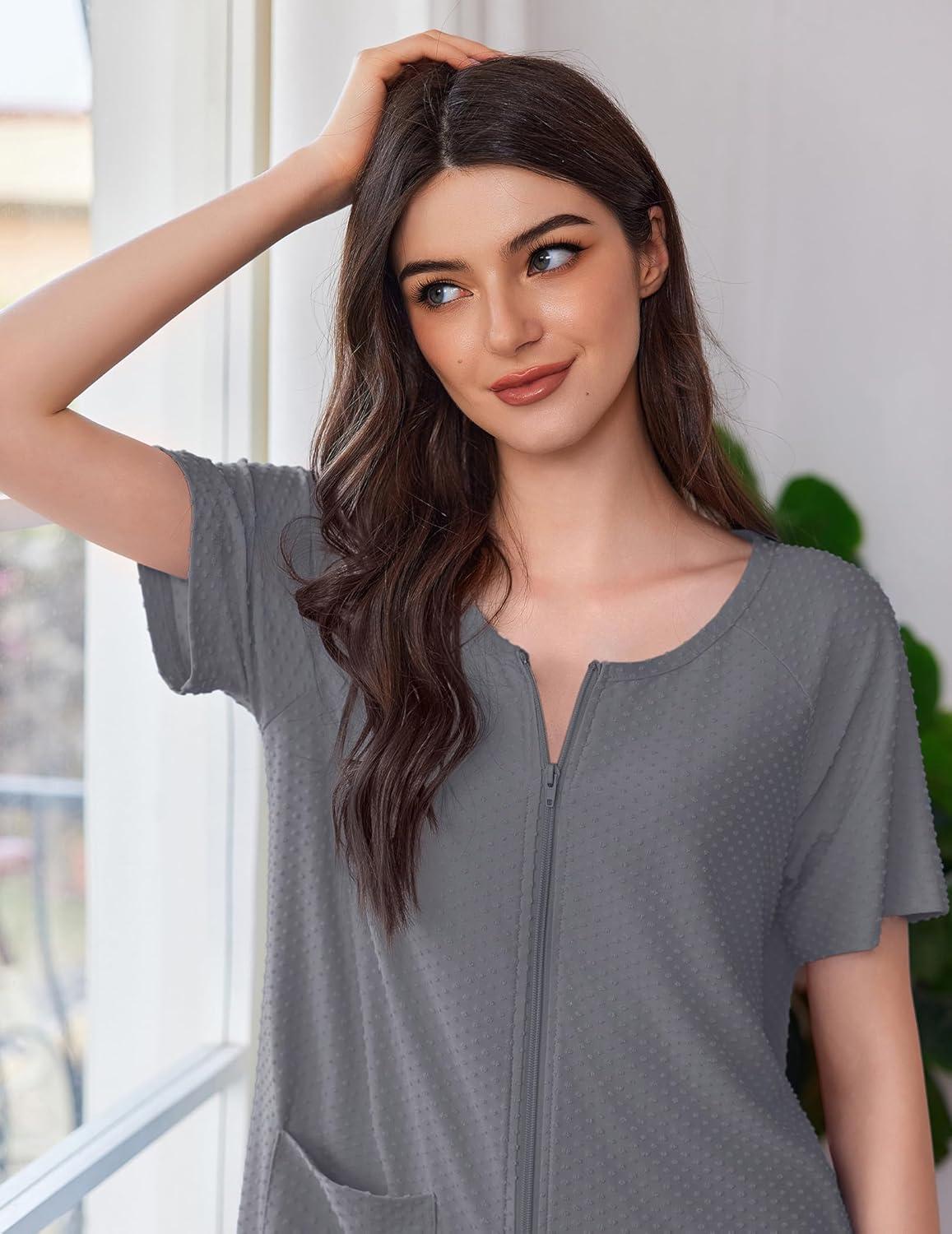 imageEkouaer Womens Zipper Robe Short Sleeves Swiss Dots Housecoat Zip Up Bathrobe Soft Nightgown with Pockets S3XLGray