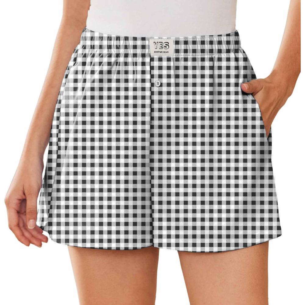 imageEKOUAER Womens Boxer Shorts Casual Lounge Summer Pants Y2K Beach Outfits with PocketsBlack White Plaid