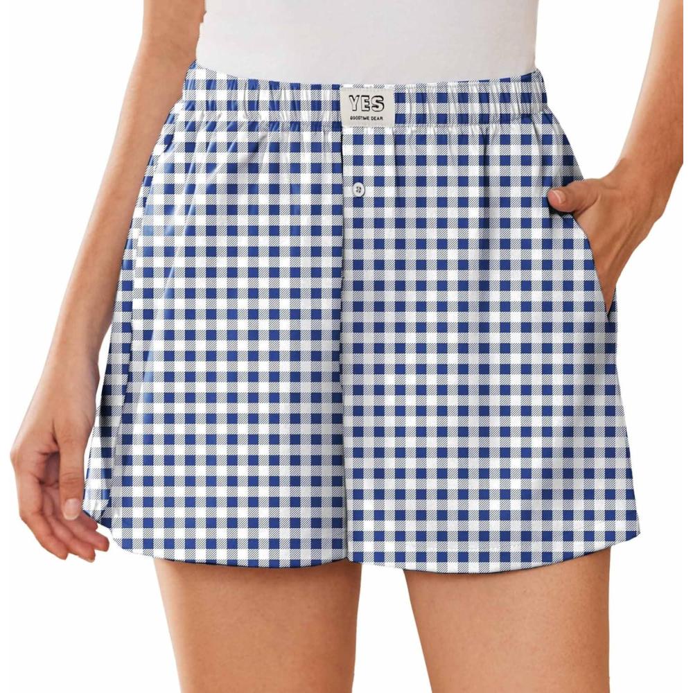 imageEKOUAER Womens Boxer Shorts Casual Lounge Summer Pants Y2K Beach Outfits with PocketsBlue White Plaid