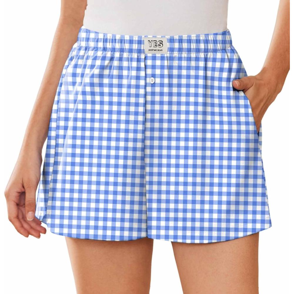 imageEKOUAER Womens Boxer Shorts Casual Lounge Summer Pants Y2K Beach Outfits with PocketsLight Blue Plaid