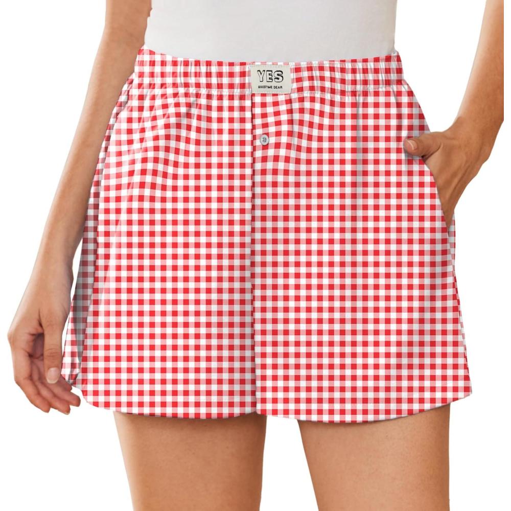 imageEKOUAER Womens Boxer Shorts Casual Lounge Summer Pants Y2K Beach Outfits with PocketsRed White Plaid