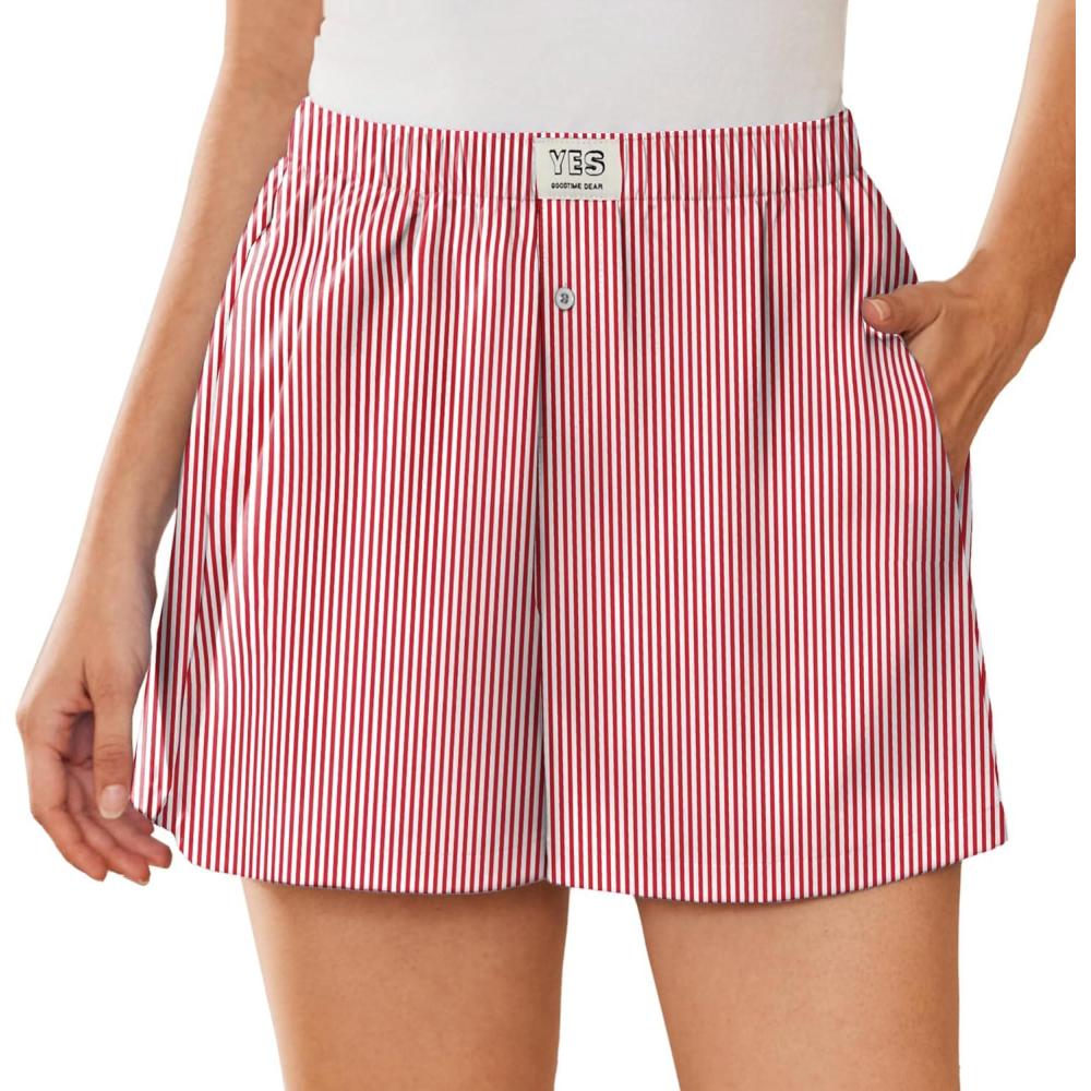 imageEKOUAER Womens Boxer Shorts Casual Lounge Summer Pants Y2K Beach Outfits with PocketsRed White Striped