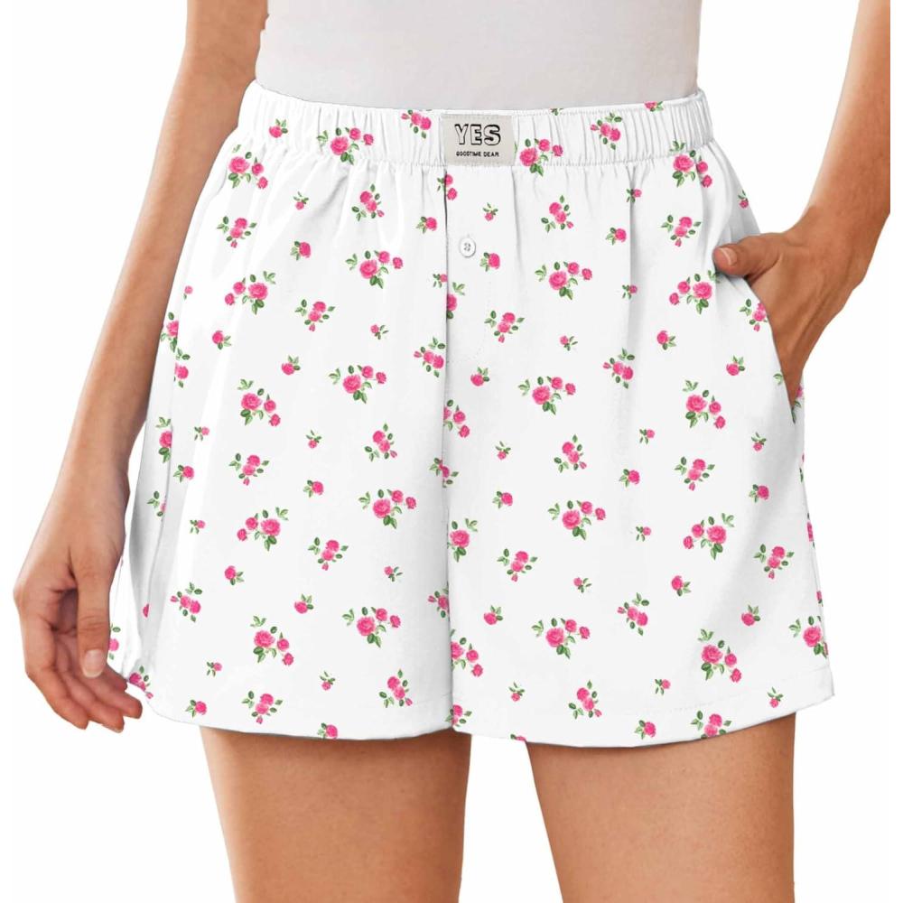 imageEKOUAER Womens Boxer Shorts Casual Lounge Summer Pants Y2K Beach Outfits with PocketsWhite Pink Flower