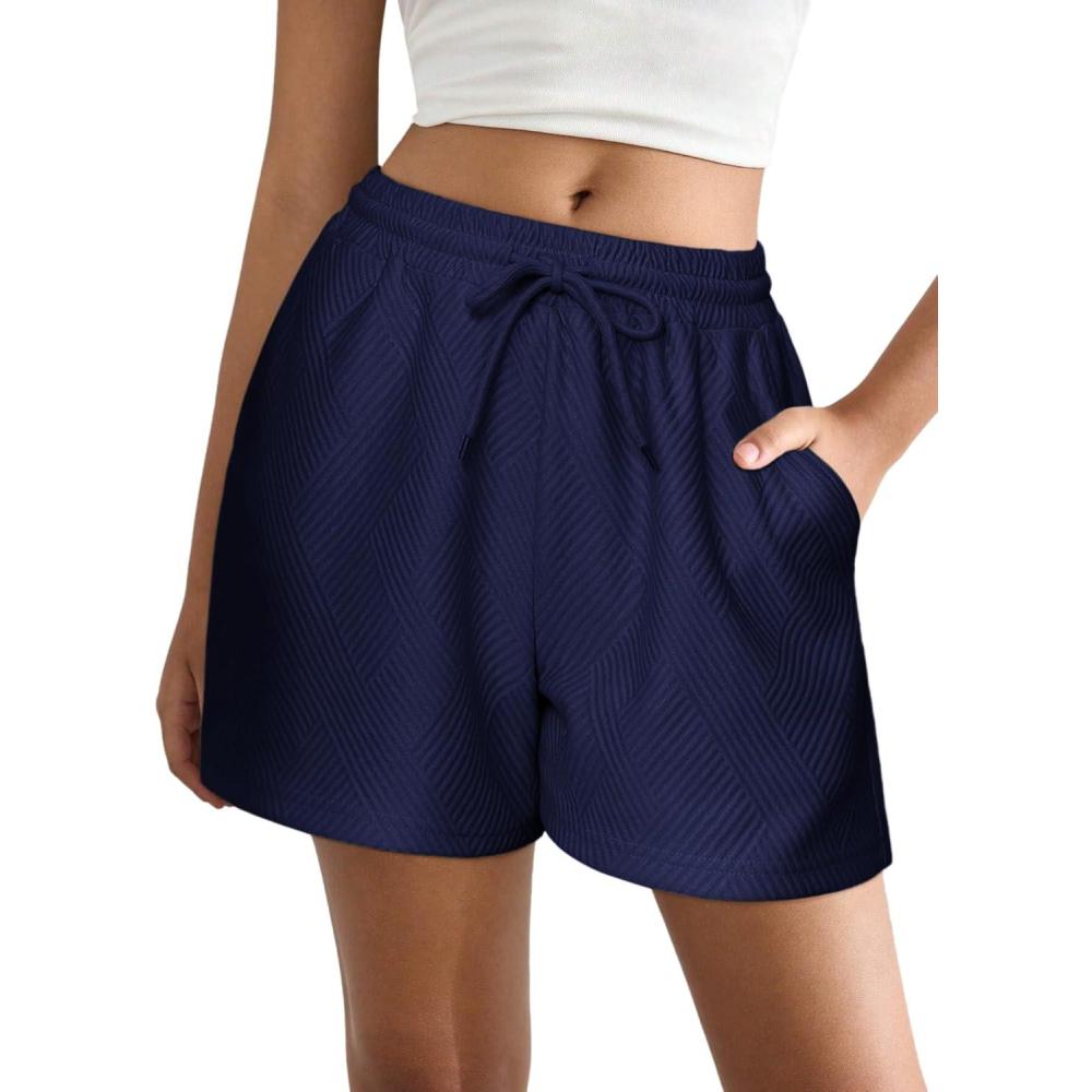 imageEKOUAER Womens Pajama Shorts Textured Casual Lounge Short Elastic Waist Pj Shorts Sweatsuits with Pockets 2026Navy Blue