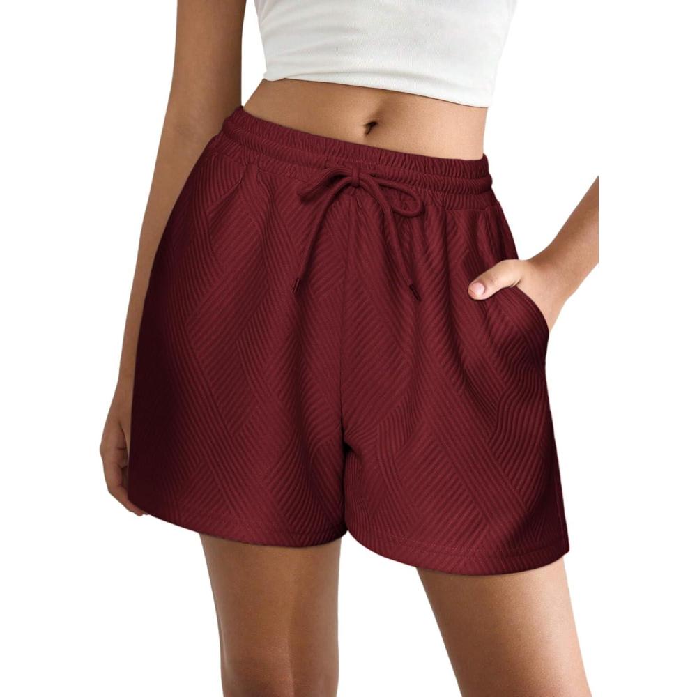 imageEKOUAER Womens Pajama Shorts Textured Casual Lounge Short Elastic Waist Pj Shorts Sweatsuits with Pockets 2026Wine Red