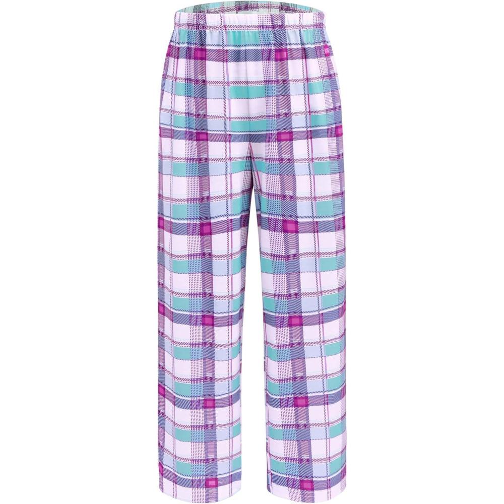 imageEkouaer Girls Soft Pajamas Pants Cute Print Pattern PJ Bottoms Comfortable Lounge Long Pants with 2 PocketsLight Purple Blue Plaid