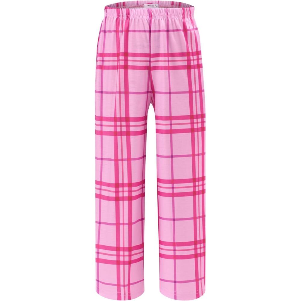 imageEkouaer Girls Soft Pajamas Pants Cute Print Pattern PJ Bottoms Comfortable Lounge Long Pants with 2 PocketsSmall Pink Plaid
