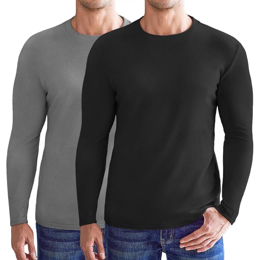 imageEkouaer Mens Long Sleeve Shirts Crew Neck Fleece Thermal Undershirts Midweight Sweatshirts Soft Base Layer Pullover Tee Tops2pcs Black Grey