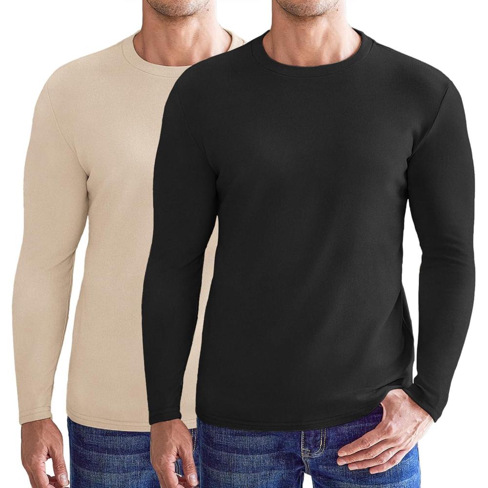 imageEkouaer Mens Long Sleeve Shirts Crew Neck Fleece Thermal Undershirts Midweight Sweatshirts Soft Base Layer Pullover Tee Tops2pcs Black Khaki