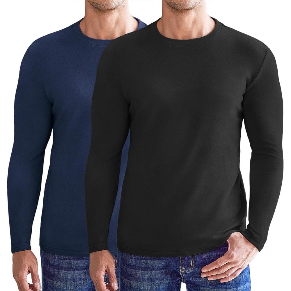 imageEkouaer Mens Long Sleeve Shirts Crew Neck Fleece Thermal Undershirts Midweight Sweatshirts Soft Base Layer Pullover Tee Tops2pcs Black Navy Blue