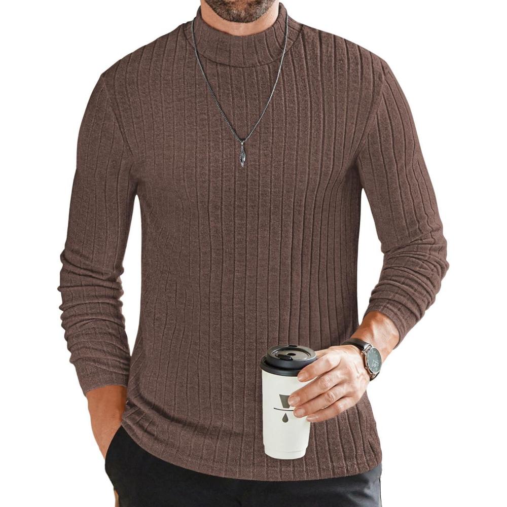 imageEkouaer Mens Mock Turtleneck Shirts Long Sleeve Underwear Tops Fleece Ribbed Knit Pullover Sweater Basic Thermal SweatshirtsBrown