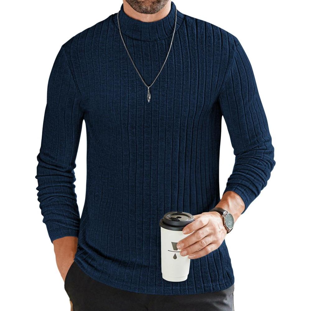 imageEkouaer Mens Mock Turtleneck Shirts Long Sleeve Underwear Tops Fleece Ribbed Knit Pullover Sweater Basic Thermal SweatshirtsDeep Blue