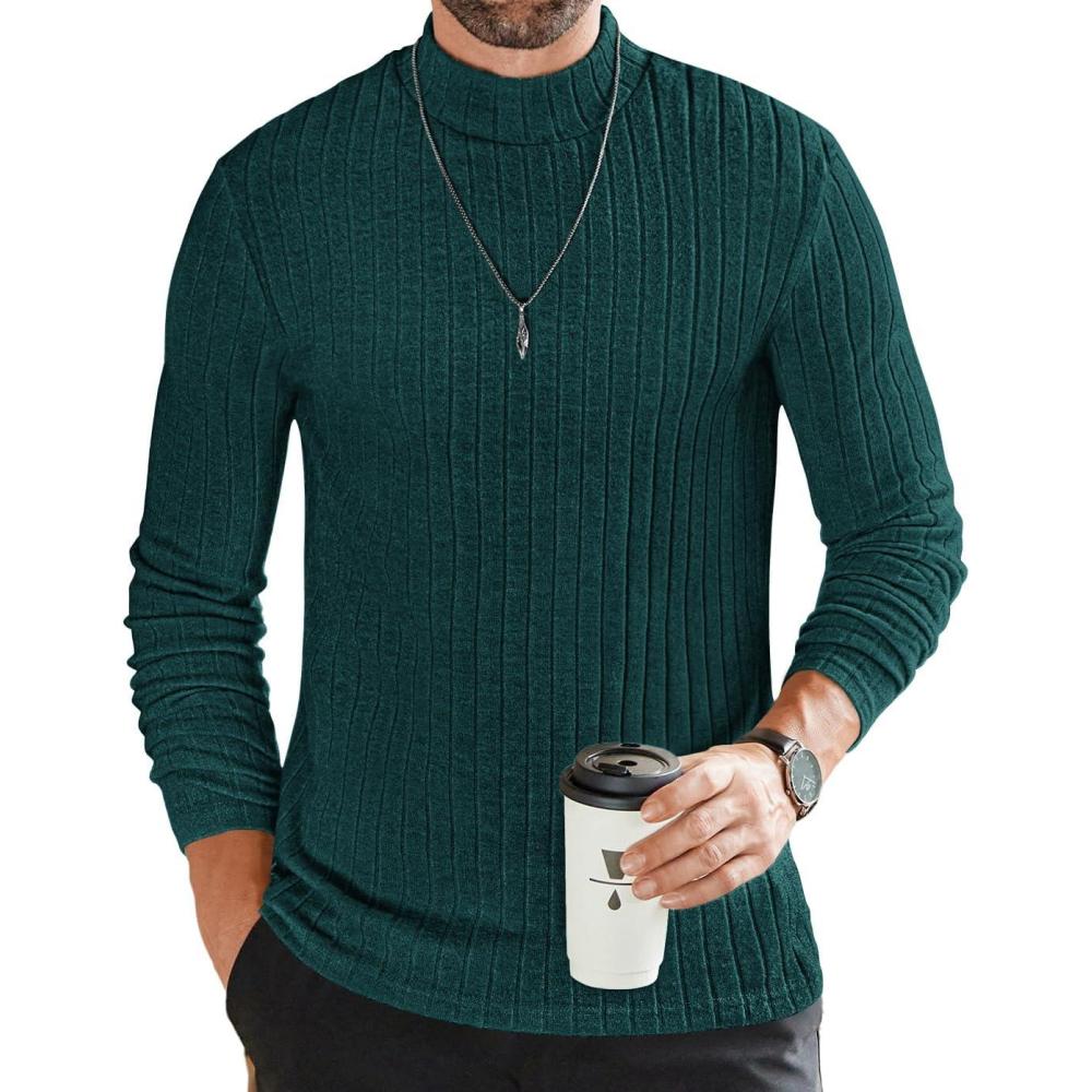 imageEkouaer Mens Mock Turtleneck Shirts Long Sleeve Underwear Tops Fleece Ribbed Knit Pullover Sweater Basic Thermal SweatshirtsLake Green