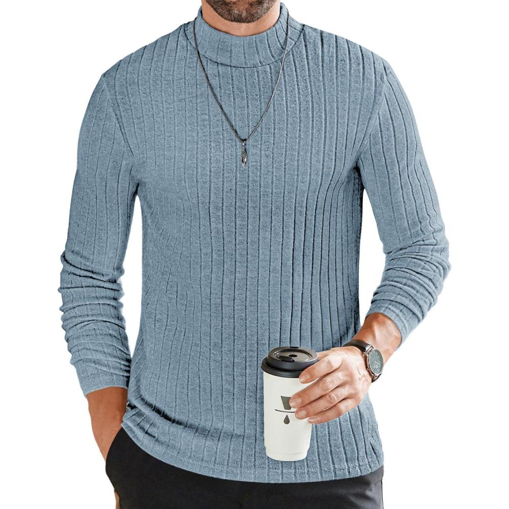 imageEkouaer Mens Mock Turtleneck Shirts Long Sleeve Underwear Tops Fleece Ribbed Knit Pullover Sweater Basic Thermal SweatshirtsLight Blue