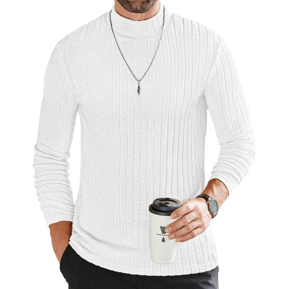 imageEkouaer Mens Mock Turtleneck Shirts Long Sleeve Underwear Tops Fleece Ribbed Knit Pullover Sweater Basic Thermal SweatshirtsWhite