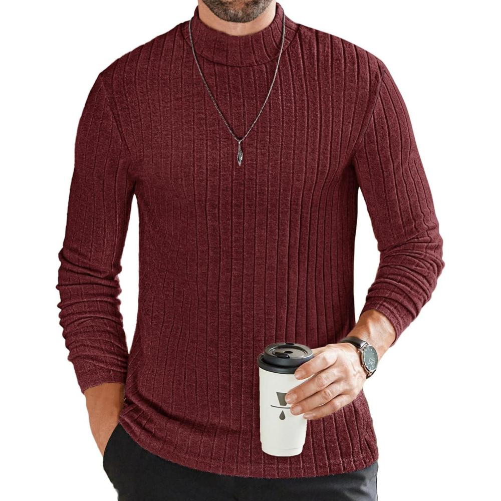 imageEkouaer Mens Mock Turtleneck Shirts Long Sleeve Underwear Tops Fleece Ribbed Knit Pullover Sweater Basic Thermal SweatshirtsWine Red