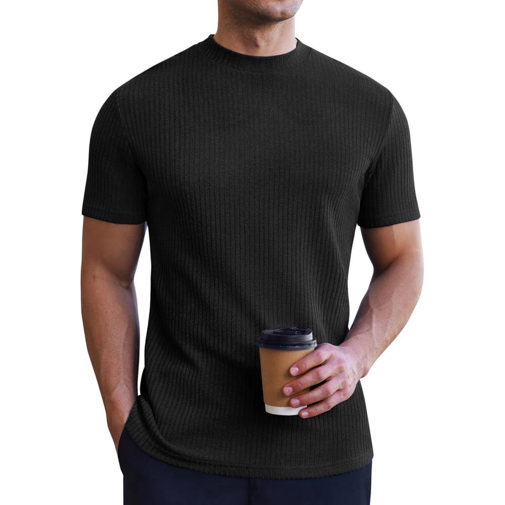 imageEkouaer Mens Mock Turtleneck Short Sleeve Slim Fit Thermal ShirtBlack