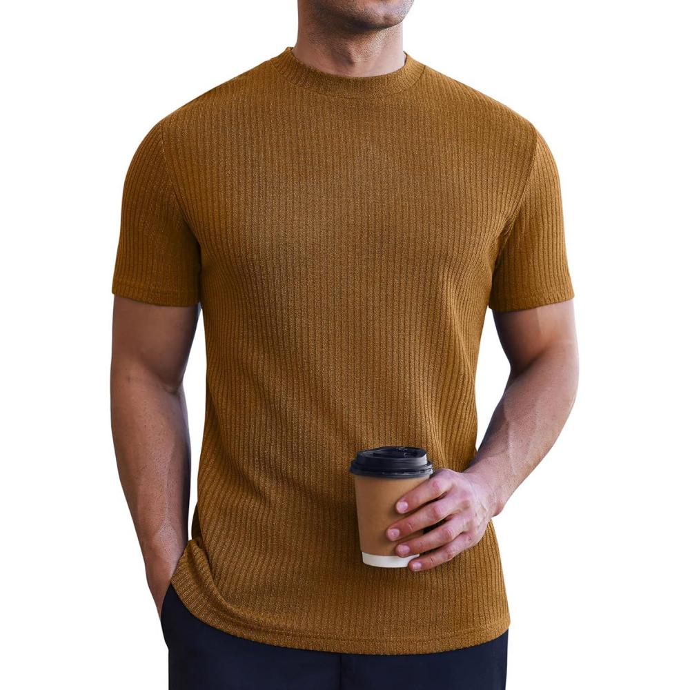 imageEkouaer Mens Mock Turtleneck Short Sleeve Slim Fit Thermal ShirtLight Brown