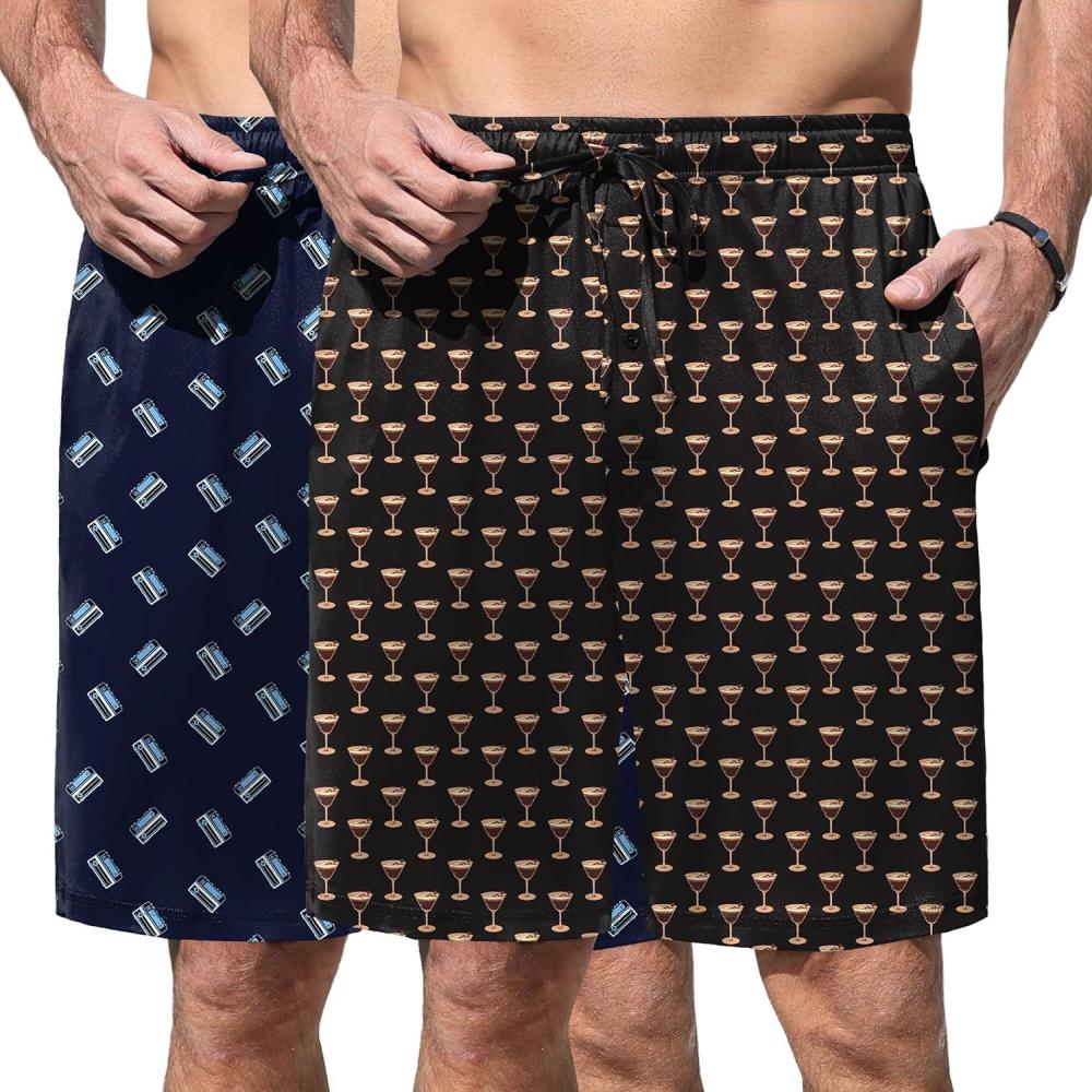 imageEkouaer Mens Pajama Shorts Soft Sleepwear Bottoms Elastic Waistband Loungewear Breathable Men Shorts with PocketsBlack and Navy Blue Print
