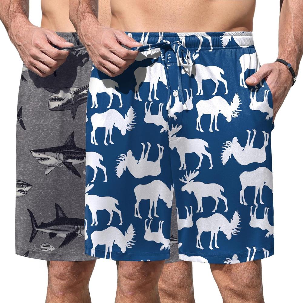 imageEkouaer Mens Pajama Shorts Soft Sleepwear Bottoms Elastic Waistband Loungewear Breathable Men Shorts with PocketsBlue Print and Gray Shark