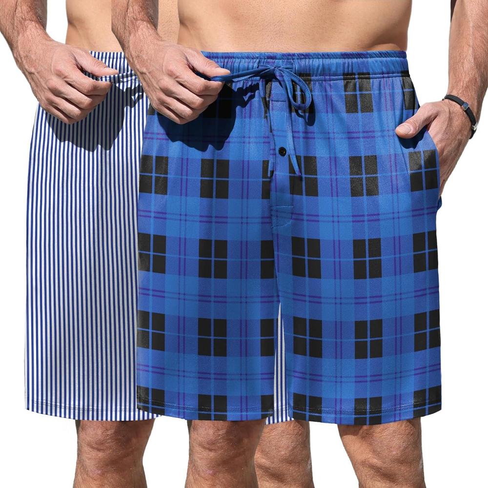 imageEkouaer Mens Pajama Shorts Soft Sleepwear Bottoms Elastic Waistband Loungewear Breathable Men Shorts with PocketsBlue and White Plaid Stripe