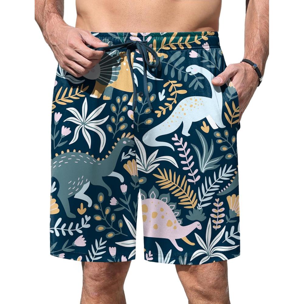 imageEkouaer Mens Pajama Shorts Soft Sleepwear Bottoms Elastic Waistband Loungewear Breathable Men Shorts with PocketsDinosaur