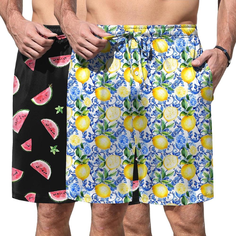 imageEkouaer Mens Pajama Shorts Soft Sleepwear Bottoms Elastic Waistband Loungewear Breathable Men Shorts with PocketsFruit Watermelon and Lemon