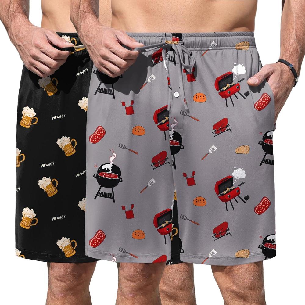 imageEkouaer Mens Pajama Shorts Soft Sleepwear Bottoms Elastic Waistband Loungewear Breathable Men Shorts with PocketsGray Barbecue and Black Wine Glass