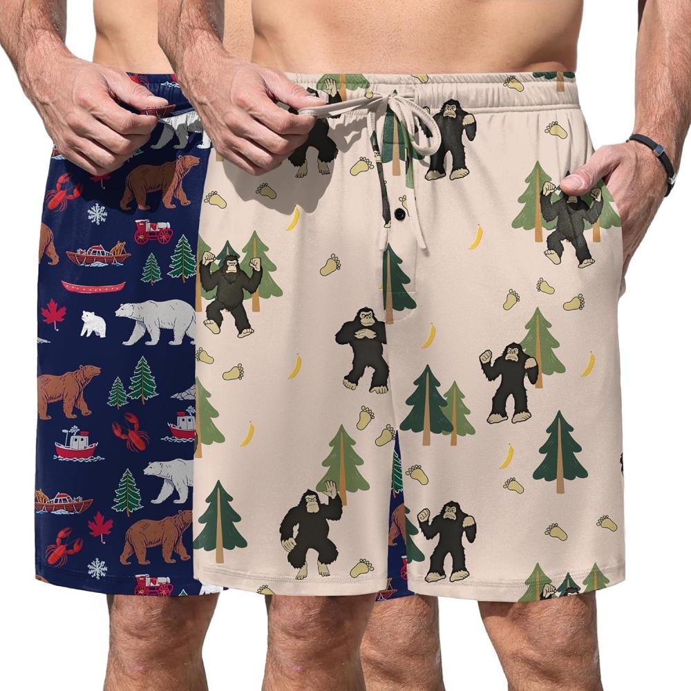 imageEkouaer Mens Pajama Shorts Soft Sleepwear Bottoms Elastic Waistband Loungewear Breathable Men Shorts with PocketsNavy Blue Animal and Bear Tree