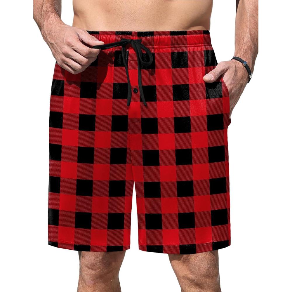 imageEkouaer Mens Pajama Shorts Soft Sleepwear Bottoms Elastic Waistband Loungewear Breathable Men Shorts with PocketsPlaid Red