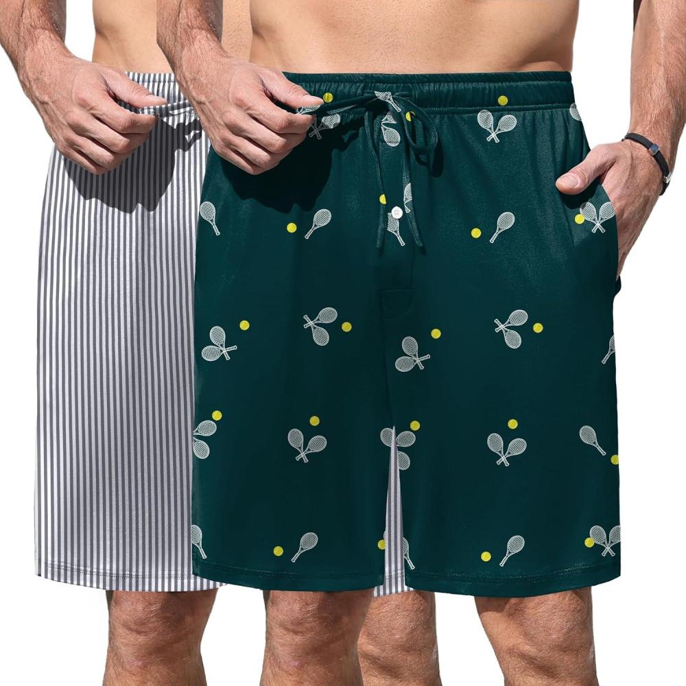 imageEkouaer Mens Pajama Shorts Soft Sleepwear Bottoms Elastic Waistband Loungewear Breathable Men Shorts with PocketsStripe and Dark Green Print