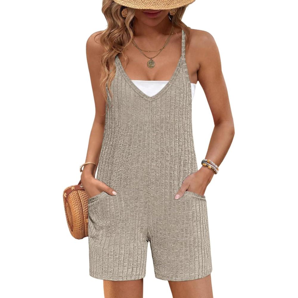 imageEkouaer Rompers for Women Summer Casual Sleeveless Spaghetti Strap Jumpsuit Ribbed Shorts Overalls with PocketsKhaki