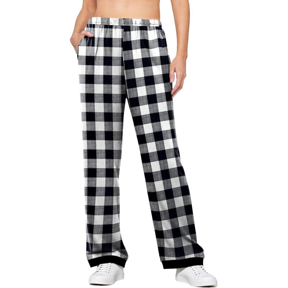 imageEkouaer Soft Pajama Pants for Women Elastic Waist Casual Lounge Yoga Pj Bottoms with PocketsBlack White Plaid