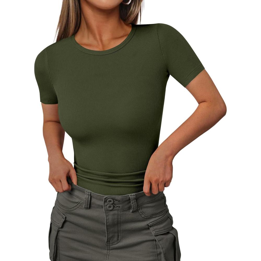 imageEkouaer Women Short Sleeve Shirts Lightweight Thermal Tops Ribbed Knitted Outfit Tees Soft Crew Neck Undershirt Basic ClothesArmy Green