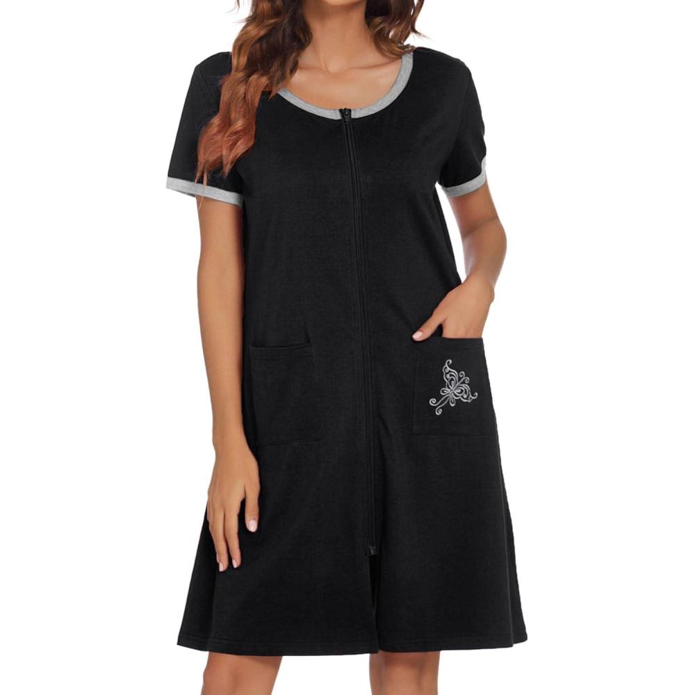 imageEkouaer Women Zipper Front House Coat Short Sleeves Robe Zip Up Bathrobes Short Nightgown with Pockets S3XLBlack