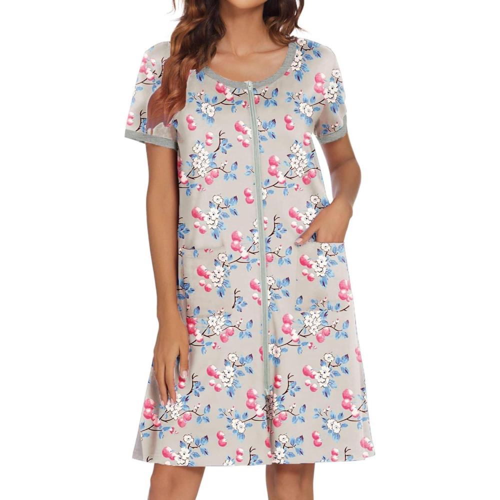 imageEkouaer Women Zipper Front House Coat Short Sleeves Robe Zip Up Bathrobes Short Nightgown with Pockets S3XLBlue and Pink Floral