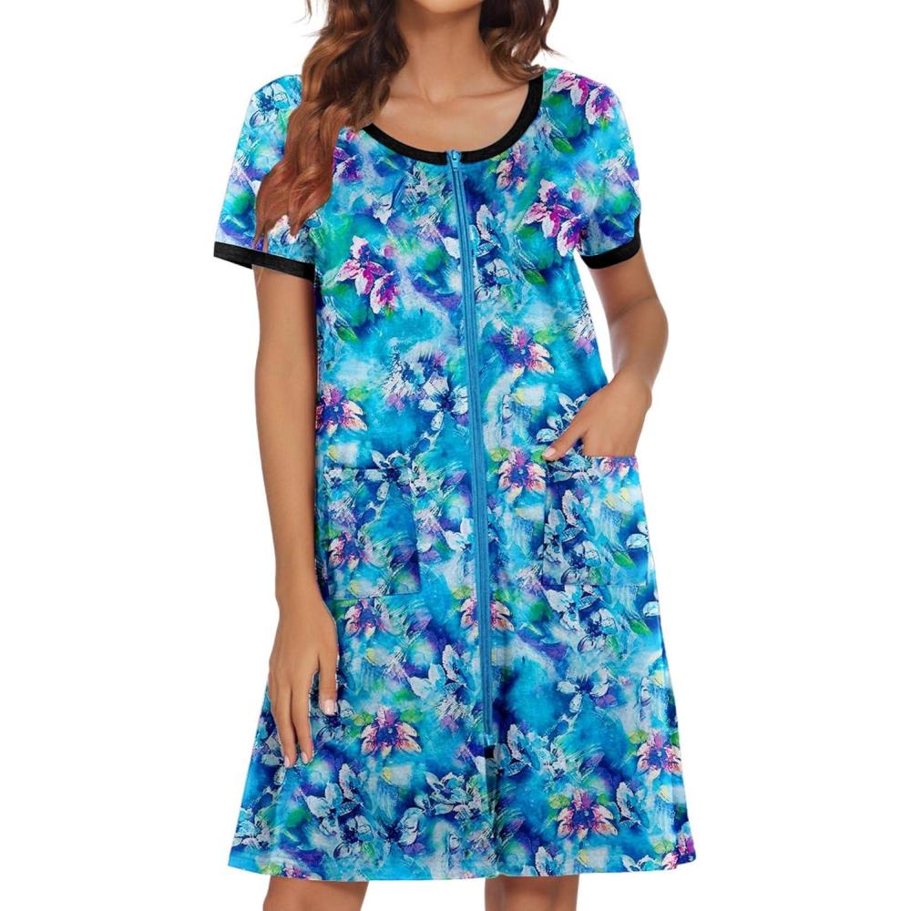 imageEkouaer Women Zipper Front House Coat Short Sleeves Robe Zip Up Bathrobes Short Nightgown with Pockets S3XLDark Blue Floral