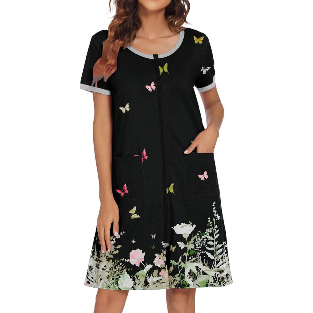 imageEkouaer Women Zipper Front House Coat Short Sleeves Robe Zip Up Bathrobes Short Nightgown with Pockets S3XLFloral Butterfly