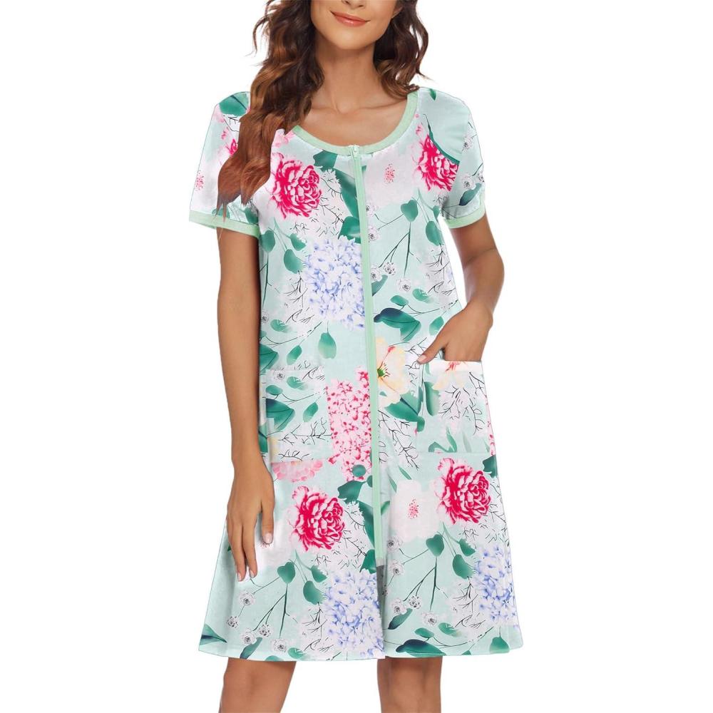 imageEkouaer Women Zipper Front House Coat Short Sleeves Robe Zip Up Bathrobes Short Nightgown with Pockets S3XLFlower Green